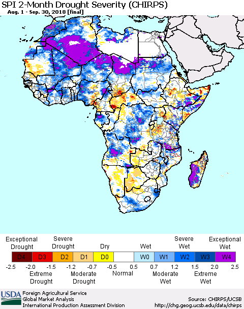 Africa SPI 2-Month Drought Severity (CHIRPS) Thematic Map For 8/1/2018 - 9/30/2018