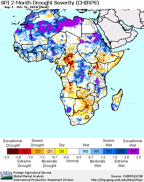 Africa SPI 2-Month Drought Severity (CHIRPS) Thematic Map For 9/1/2018 - 10/31/2018