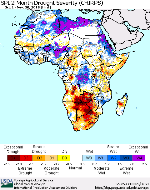 Africa SPI 2-Month Drought Severity (CHIRPS) Thematic Map For 10/1/2018 - 11/30/2018
