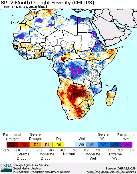 Africa SPI 2-Month Drought Severity (CHIRPS) Thematic Map For 11/1/2018 - 12/31/2018