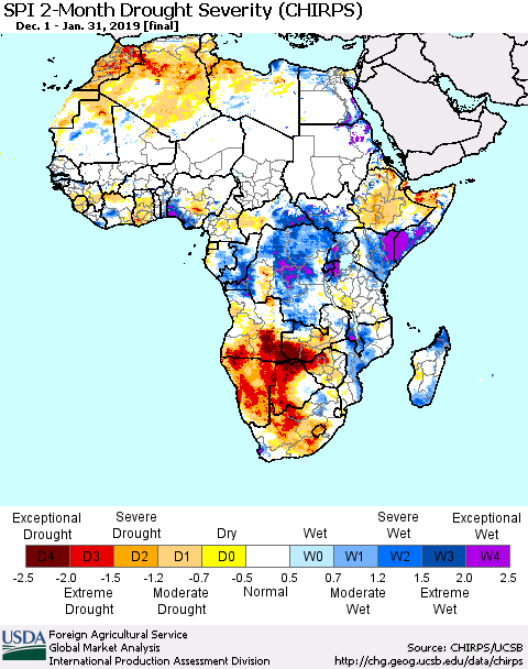 Africa SPI 2-Month Drought Severity (CHIRPS) Thematic Map For 12/1/2018 - 1/31/2019