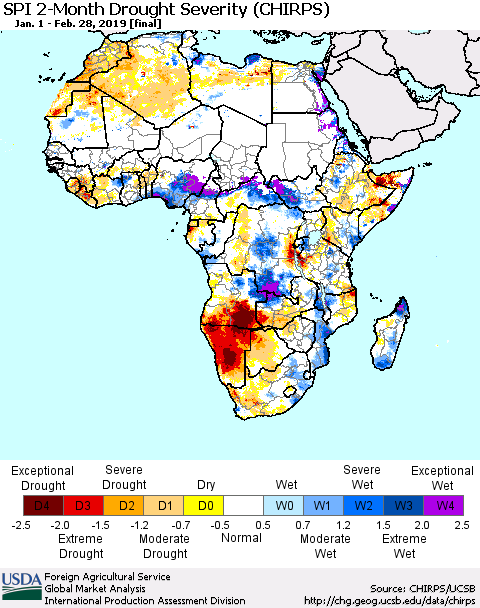 Africa SPI 2-Month Drought Severity (CHIRPS) Thematic Map For 1/1/2019 - 2/28/2019