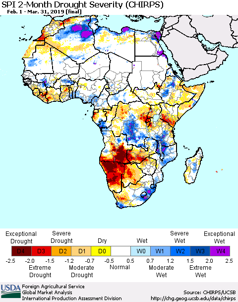 Africa SPI 2-Month Drought Severity (CHIRPS) Thematic Map For 2/1/2019 - 3/31/2019