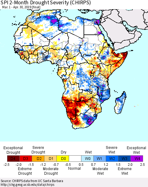 Africa SPI 2-Month Drought Severity (CHIRPS) Thematic Map For 3/1/2019 - 4/30/2019