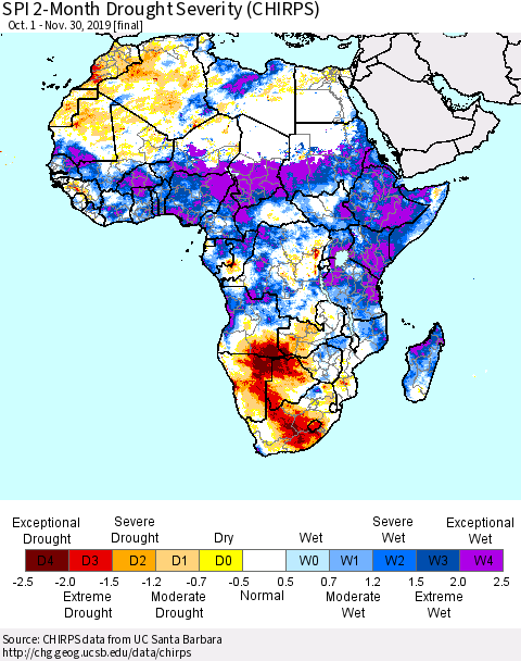 Africa SPI 2-Month Drought Severity (CHIRPS) Thematic Map For 10/1/2019 - 11/30/2019