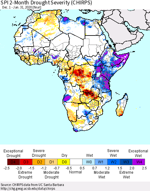 Africa SPI 2-Month Drought Severity (CHIRPS) Thematic Map For 12/1/2019 - 1/31/2020