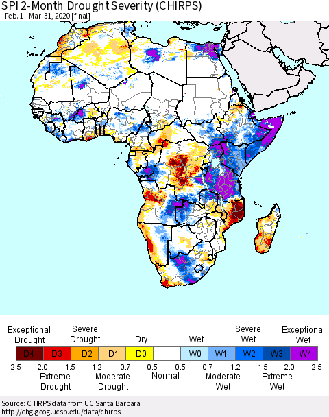 Africa SPI 2-Month Drought Severity (CHIRPS) Thematic Map For 2/1/2020 - 3/31/2020