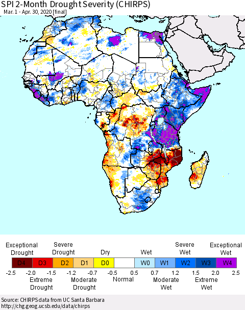 Africa SPI 2-Month Drought Severity (CHIRPS) Thematic Map For 3/1/2020 - 4/30/2020