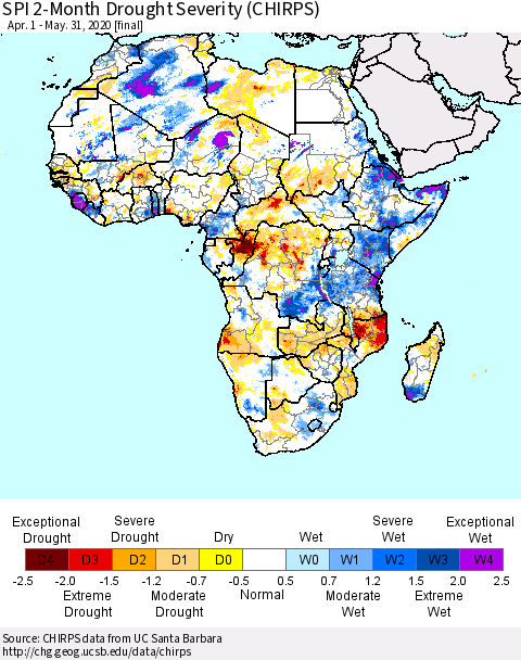 Africa SPI 2-Month Drought Severity (CHIRPS) Thematic Map For 4/1/2020 - 5/31/2020