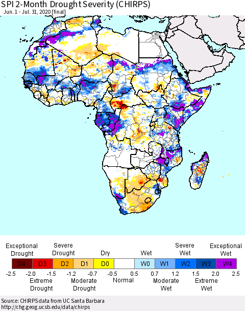 Africa SPI 2-Month Drought Severity (CHIRPS) Thematic Map For 6/1/2020 - 7/31/2020