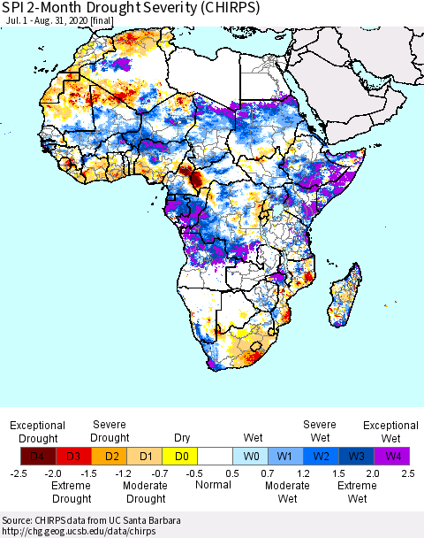 Africa SPI 2-Month Drought Severity (CHIRPS) Thematic Map For 7/1/2020 - 8/31/2020