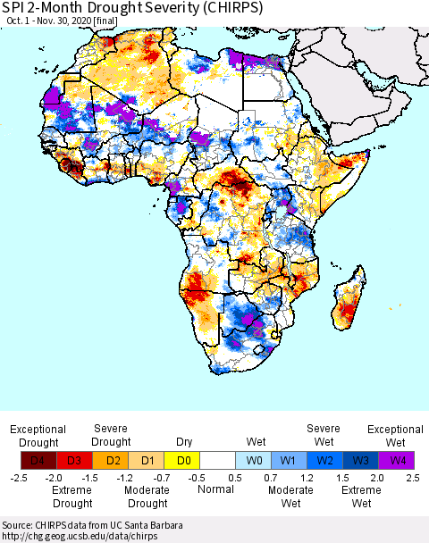 Africa SPI 2-Month Drought Severity (CHIRPS) Thematic Map For 10/1/2020 - 11/30/2020