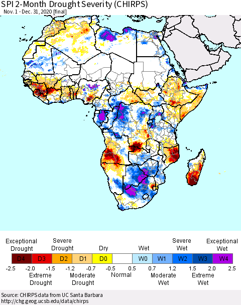 Africa SPI 2-Month Drought Severity (CHIRPS) Thematic Map For 11/1/2020 - 12/31/2020