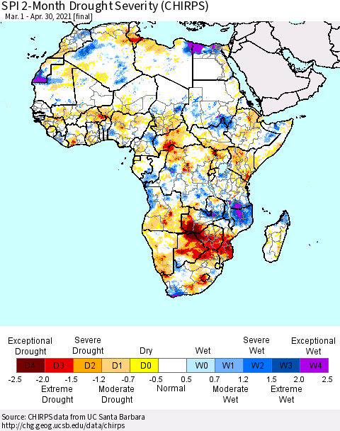 Africa SPI 2-Month Drought Severity (CHIRPS) Thematic Map For 3/1/2021 - 4/30/2021