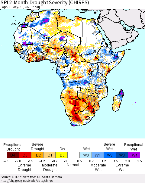Africa SPI 2-Month Drought Severity (CHIRPS) Thematic Map For 4/1/2021 - 5/31/2021