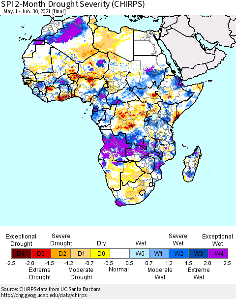 Africa SPI 2-Month Drought Severity (CHIRPS) Thematic Map For 5/1/2021 - 6/30/2021