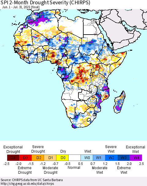 Africa SPI 2-Month Drought Severity (CHIRPS) Thematic Map For 6/1/2021 - 7/31/2021