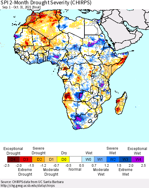 Africa SPI 2-Month Drought Severity (CHIRPS) Thematic Map For 9/1/2021 - 10/31/2021