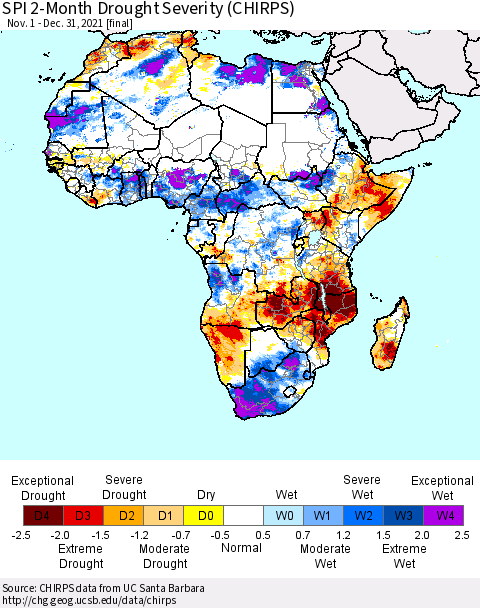 Africa SPI 2-Month Drought Severity (CHIRPS) Thematic Map For 11/1/2021 - 12/31/2021