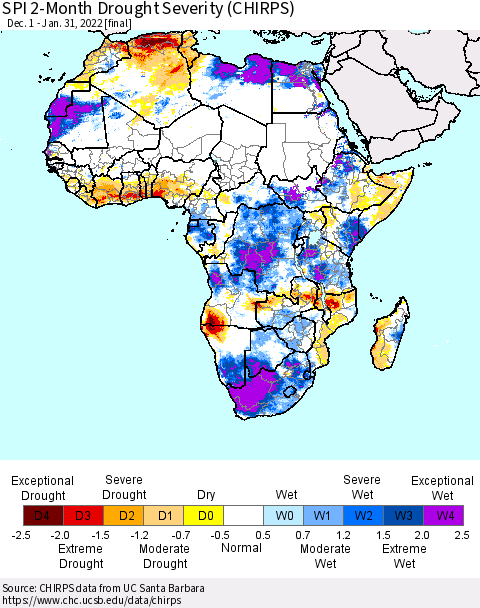 Africa SPI 2-Month Drought Severity (CHIRPS) Thematic Map For 12/1/2021 - 1/31/2022