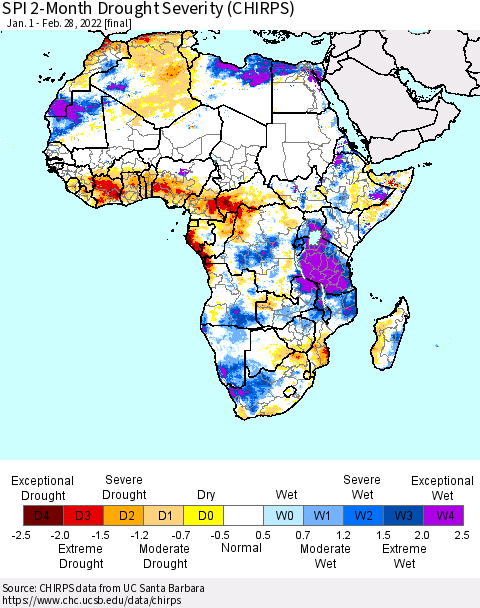 Africa SPI 2-Month Drought Severity (CHIRPS) Thematic Map For 1/1/2022 - 2/28/2022