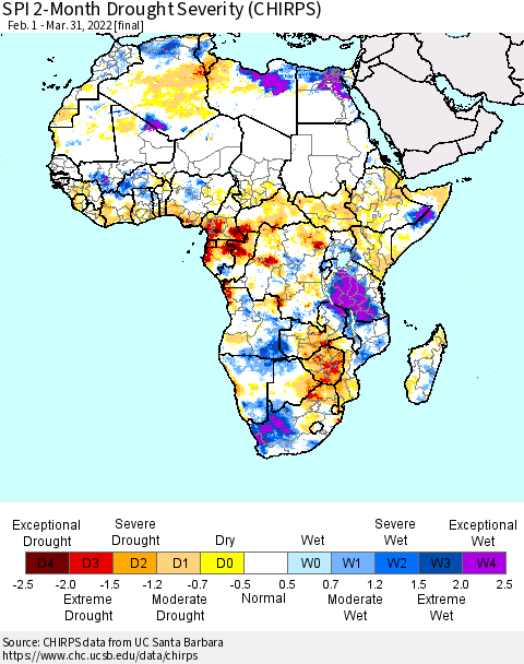 Africa SPI 2-Month Drought Severity (CHIRPS) Thematic Map For 2/1/2022 - 3/31/2022