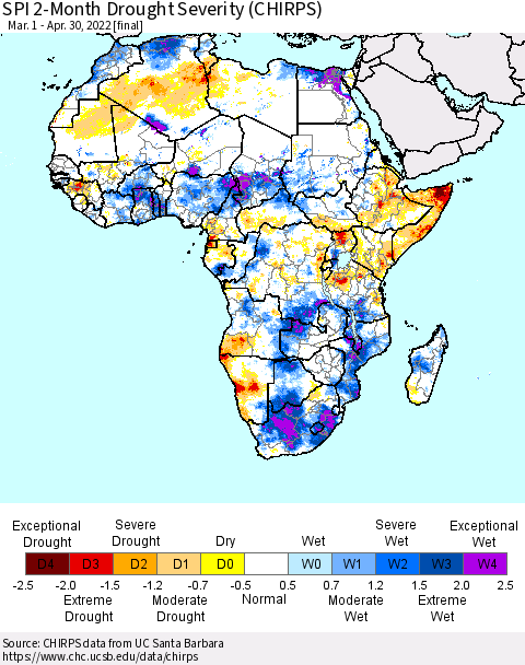 Africa SPI 2-Month Drought Severity (CHIRPS) Thematic Map For 3/1/2022 - 4/30/2022