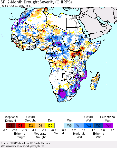 Africa SPI 2-Month Drought Severity (CHIRPS) Thematic Map For 6/1/2022 - 7/31/2022