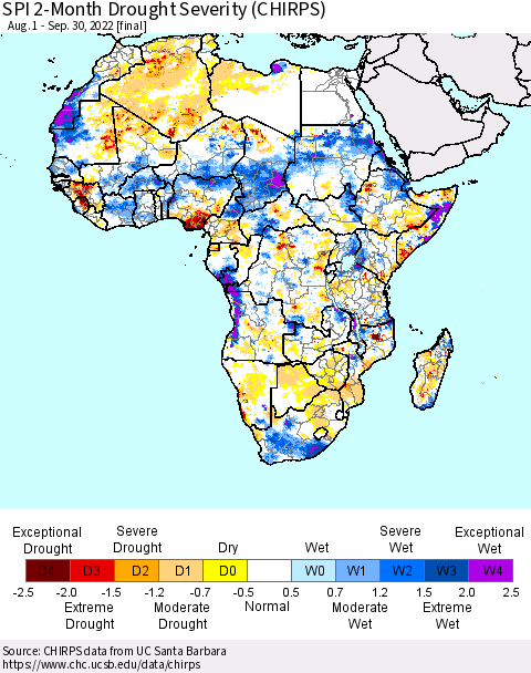 Africa SPI 2-Month Drought Severity (CHIRPS) Thematic Map For 8/1/2022 - 9/30/2022