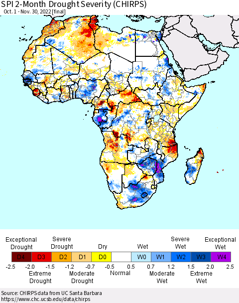 Africa SPI 2-Month Drought Severity (CHIRPS) Thematic Map For 10/1/2022 - 11/30/2022