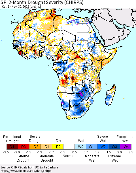 Africa SPI 2-Month Drought Severity (CHIRPS) Thematic Map For 10/1/2022 - 11/30/2022