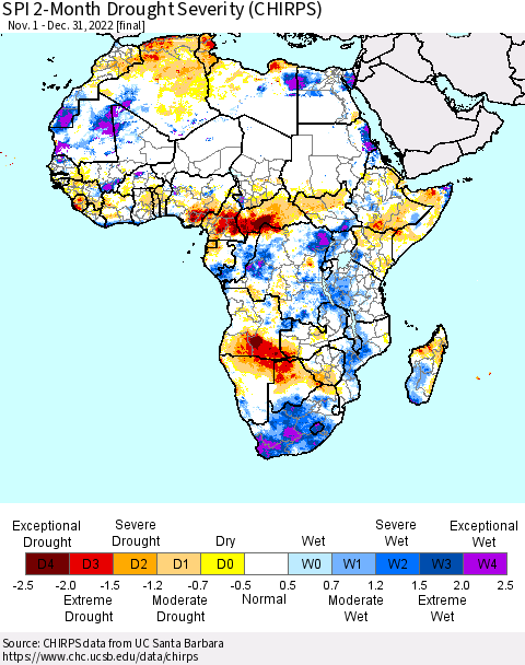 Africa SPI 2-Month Drought Severity (CHIRPS) Thematic Map For 11/1/2022 - 12/31/2022
