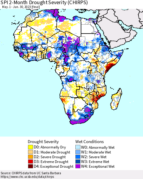 Africa SPI 2-Month Drought Severity (CHIRPS) Thematic Map For 5/1/2023 - 6/30/2023