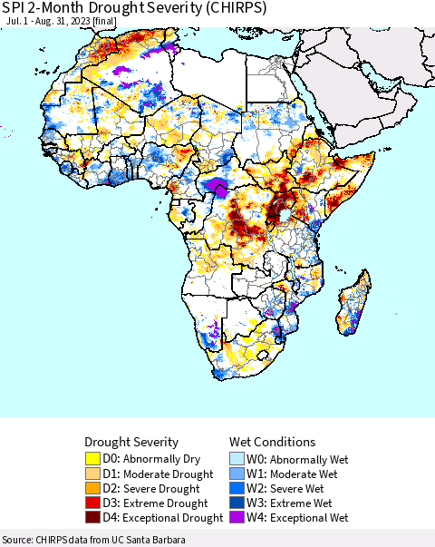 Africa SPI 2-Month Drought Severity (CHIRPS) Thematic Map For 7/1/2023 - 8/31/2023