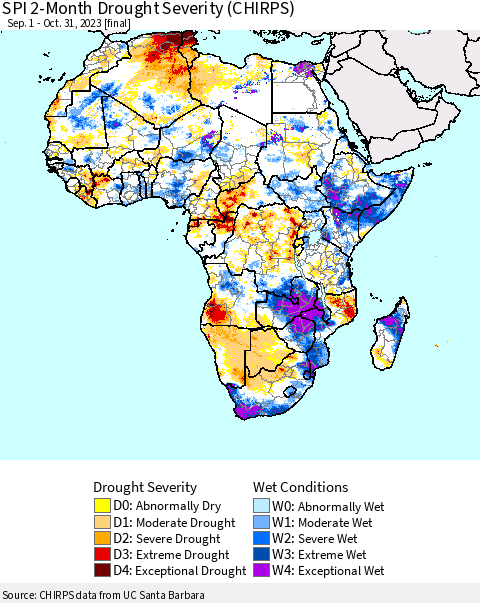 Africa SPI 2-Month Drought Severity (CHIRPS) Thematic Map For 9/1/2023 - 10/31/2023