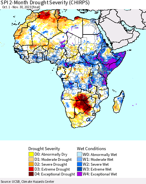 Africa SPI 2-Month Drought Severity (CHIRPS) Thematic Map For 10/1/2023 - 11/30/2023