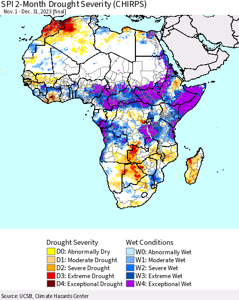 Africa SPI 2-Month Drought Severity (CHIRPS) Thematic Map For 11/1/2023 - 12/31/2023