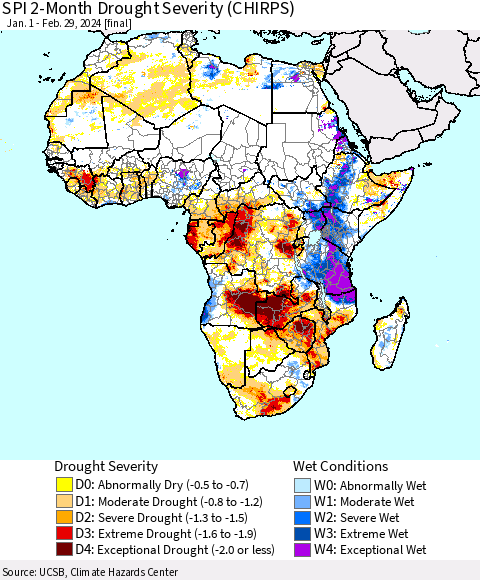 Africa SPI 2-Month Drought Severity (CHIRPS) Thematic Map For 1/1/2024 - 2/29/2024