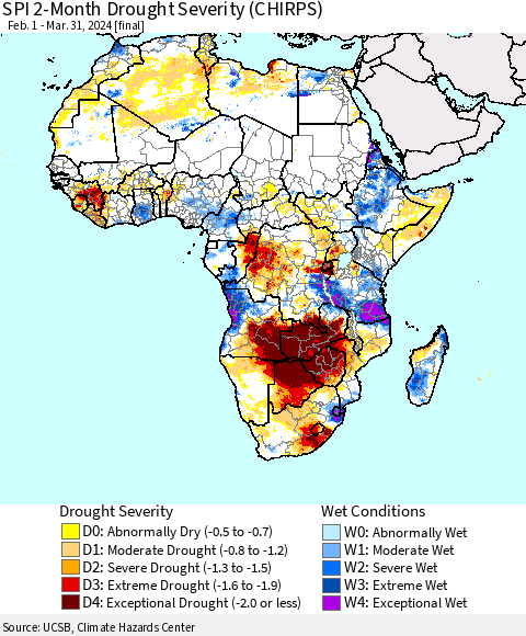 Africa SPI 2-Month Drought Severity (CHIRPS) Thematic Map For 2/1/2024 - 3/31/2024