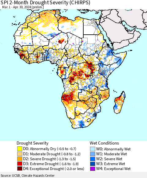 Africa SPI 2-Month Drought Severity (CHIRPS) Thematic Map For 3/1/2024 - 4/30/2024