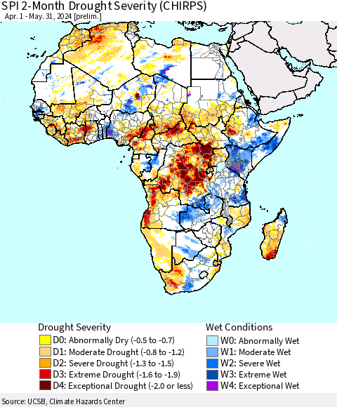 Africa SPI 2-Month Drought Severity (CHIRPS) Thematic Map For 4/1/2024 - 5/31/2024