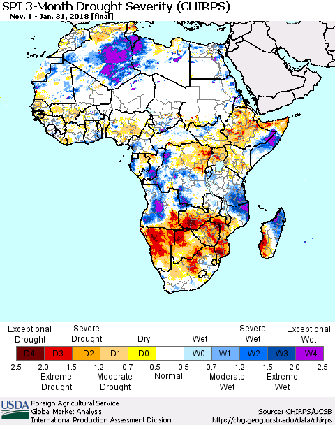 Africa SPI 3-Month Drought Severity (CHIRPS) Thematic Map For 11/1/2017 - 1/31/2018