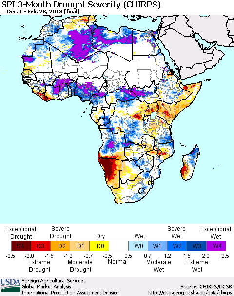 Africa SPI 3-Month Drought Severity (CHIRPS) Thematic Map For 12/1/2017 - 2/28/2018