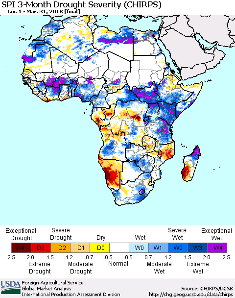 Africa SPI 3-Month Drought Severity (CHIRPS) Thematic Map For 1/1/2018 - 3/31/2018