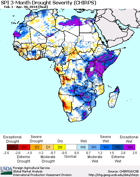 Africa SPI 3-Month Drought Severity (CHIRPS) Thematic Map For 2/1/2018 - 4/30/2018
