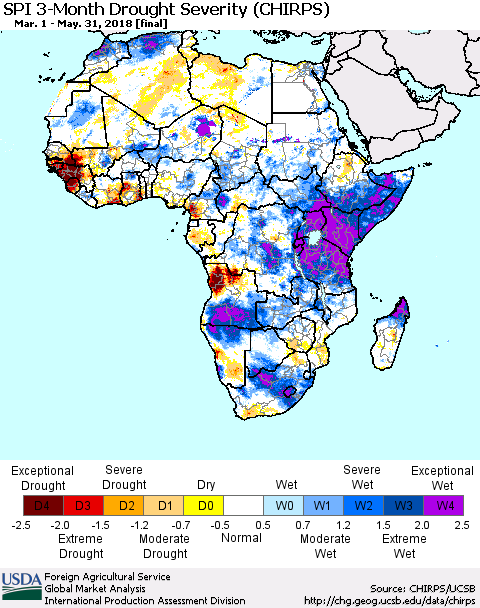 Africa SPI 3-Month Drought Severity (CHIRPS) Thematic Map For 3/1/2018 - 5/31/2018