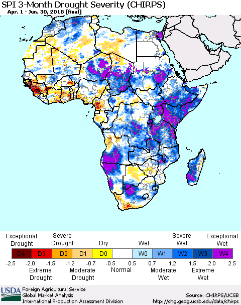 Africa SPI 3-Month Drought Severity (CHIRPS) Thematic Map For 4/1/2018 - 6/30/2018