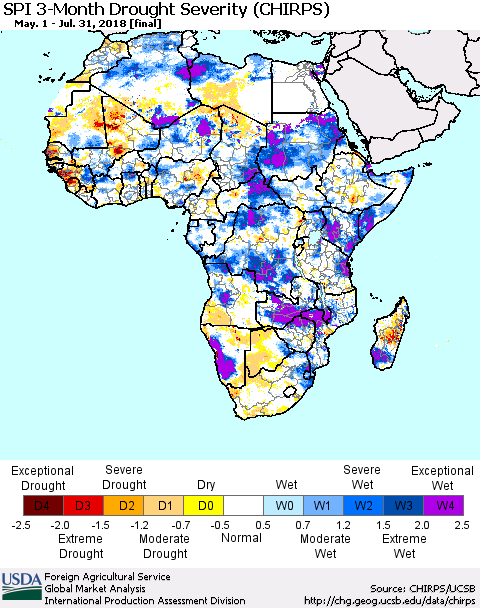 Africa SPI 3-Month Drought Severity (CHIRPS) Thematic Map For 5/1/2018 - 7/31/2018