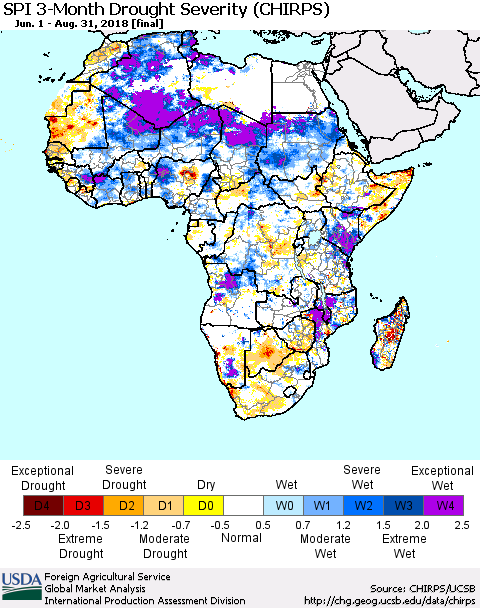 Africa SPI 3-Month Drought Severity (CHIRPS) Thematic Map For 6/1/2018 - 8/31/2018