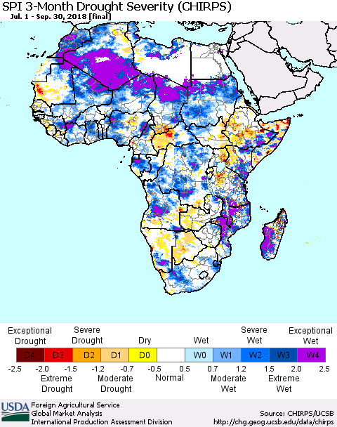 Africa SPI 3-Month Drought Severity (CHIRPS) Thematic Map For 7/1/2018 - 9/30/2018